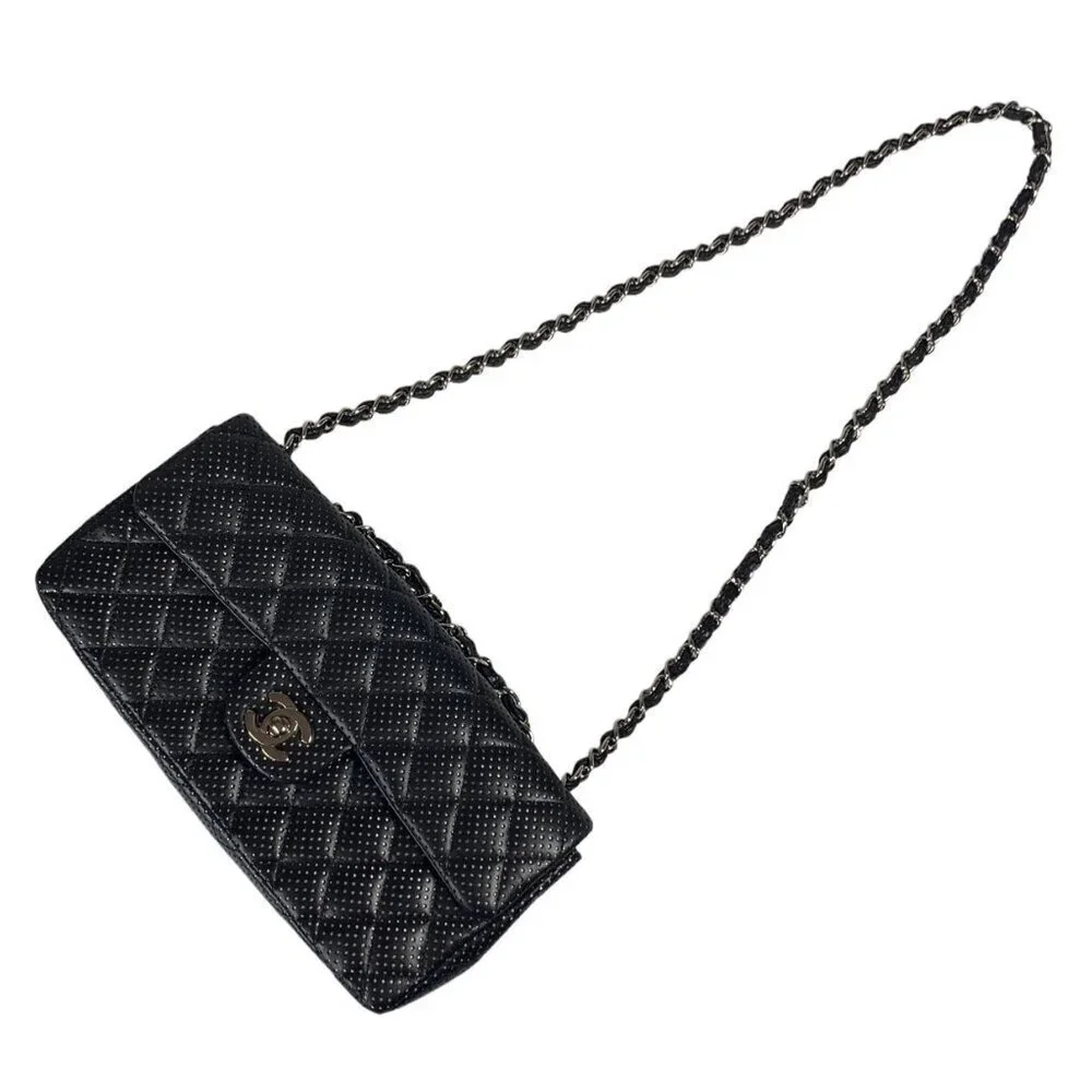 Chanel East West Classic Shoulder Flap Bag Quilted Black Perforated Leather